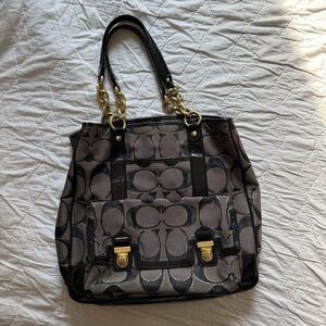 Coach Vintage Black and Grey Signature C Gold Chain and Snap Tote Shoulder Bag